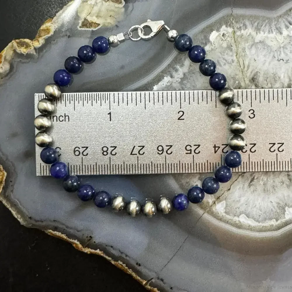 Native American Sterling 5 mm Navajo Pearl & Lapis Bead Link Bracelet For Women